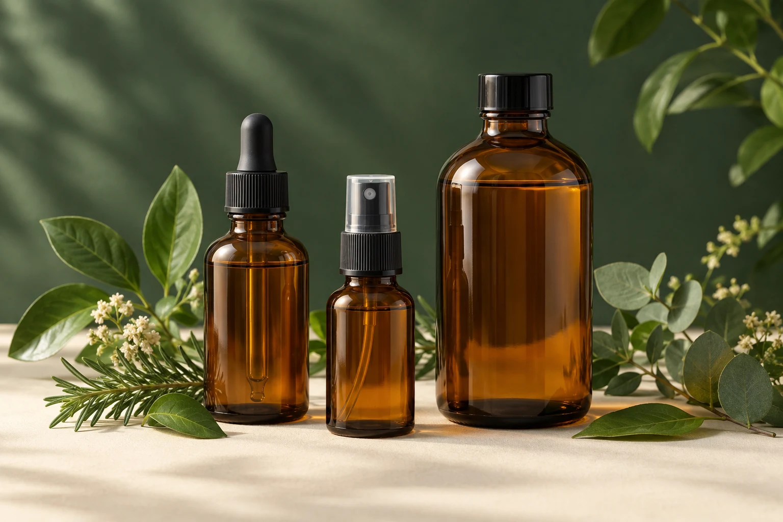 Etiketsiz amber şişelerle bitkisel sıvı ürünleri temsil eden görsel